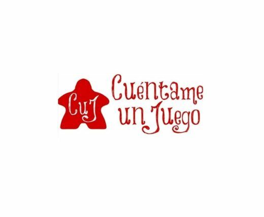 Logotipo que presenta una forma de meeple de color rojo y el texto "Cuéntame un Juego" en letra script, con las siglas "CUJ" en el centro del meeple.