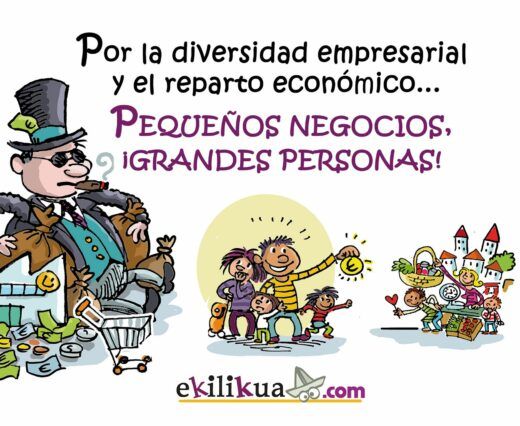 Caricatura colorida que ilustra un contraste entre un hombre de negocios rico y con sombrero de copa y un grupo alegre de diversos propietarios de pequeñas empresas y niños celebrando, con un texto que promueve las pequeñas empresas.